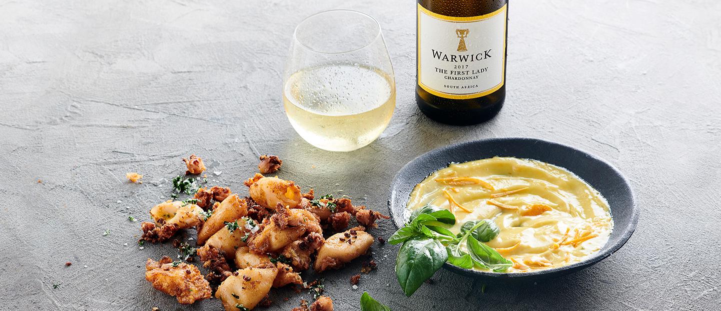 Szechuan Pepper Squid With Naartjie Aioli & Green Salt paired with Warwick's First Lady Chardonnay